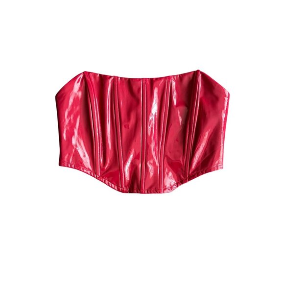 Red Patent Faux Leather Strapless Corset Top With Back Zipper Closure - Picture 1 of 4